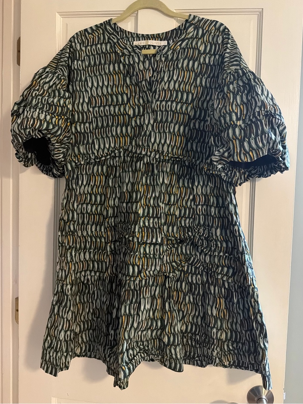 Marie Oliver Green Patterned Puff Sleeve Dress